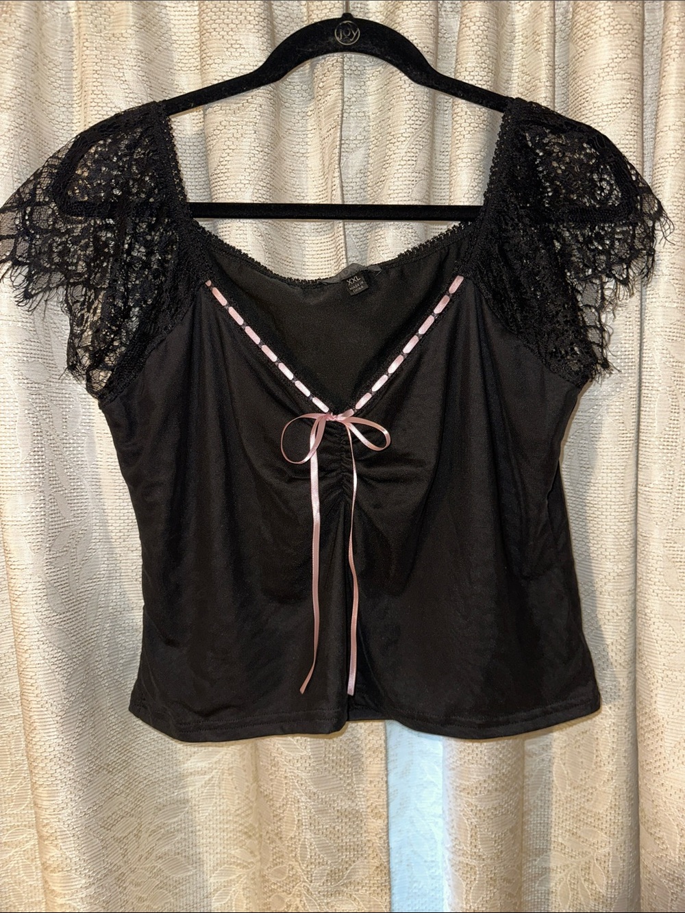Widow Black Lace Sleeve Top with Pink Ribbon Trim
